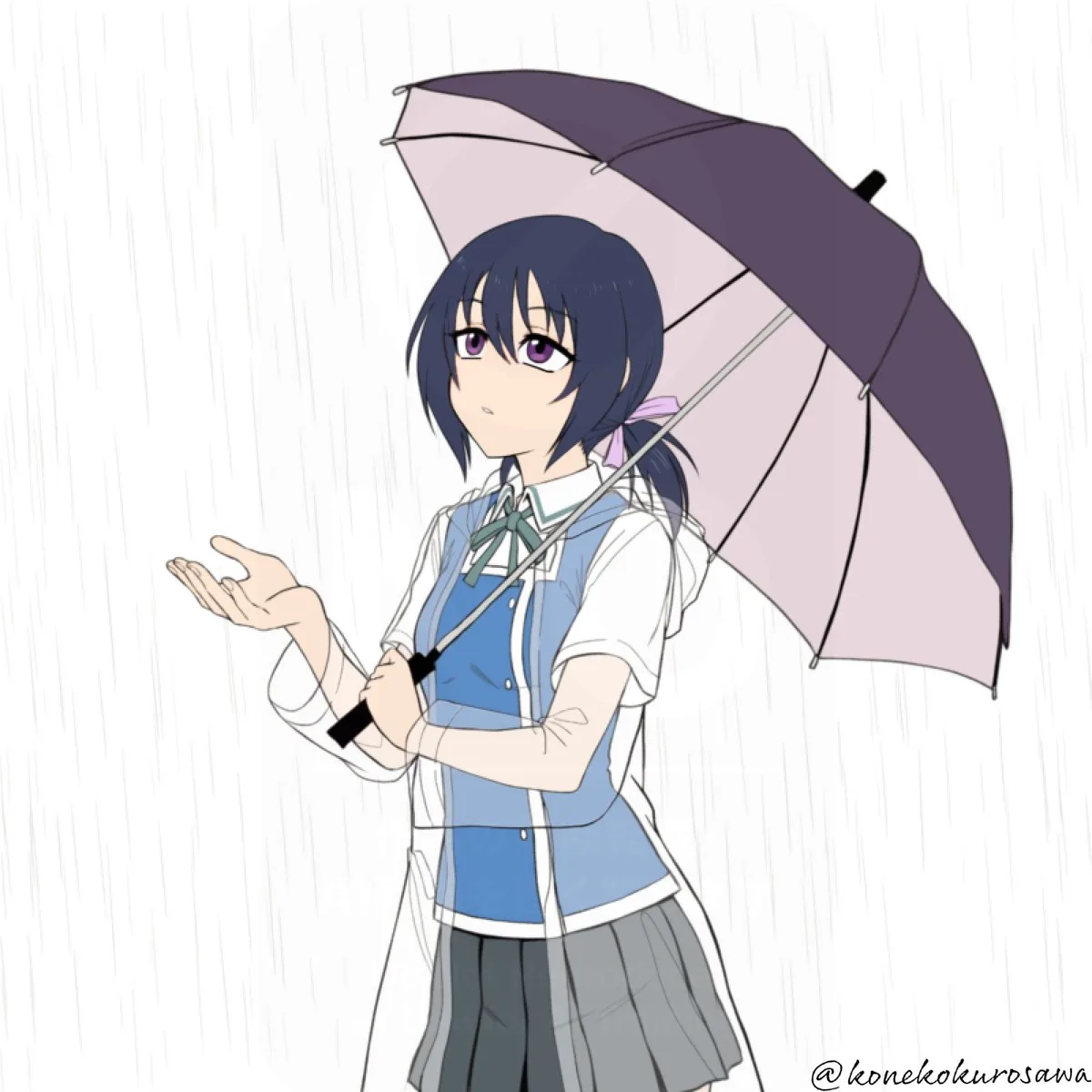 Drawing of Funabori holding an umbrella in the rain