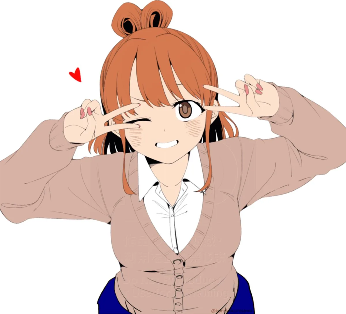A winking orange-haired character in a cardigan making peace signs