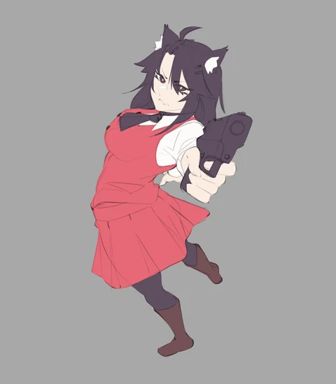 Koneko, a dark-haired cat-eared girl in a red vest and skirt, pointing a pistol toward the viewer