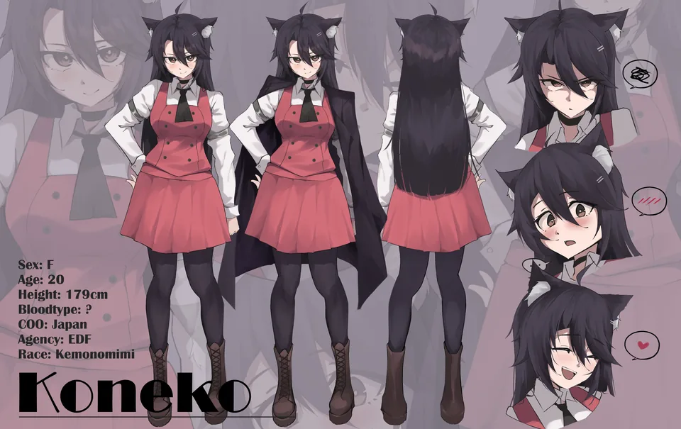 Koneko character reference by Neva, with front and back views and expressions